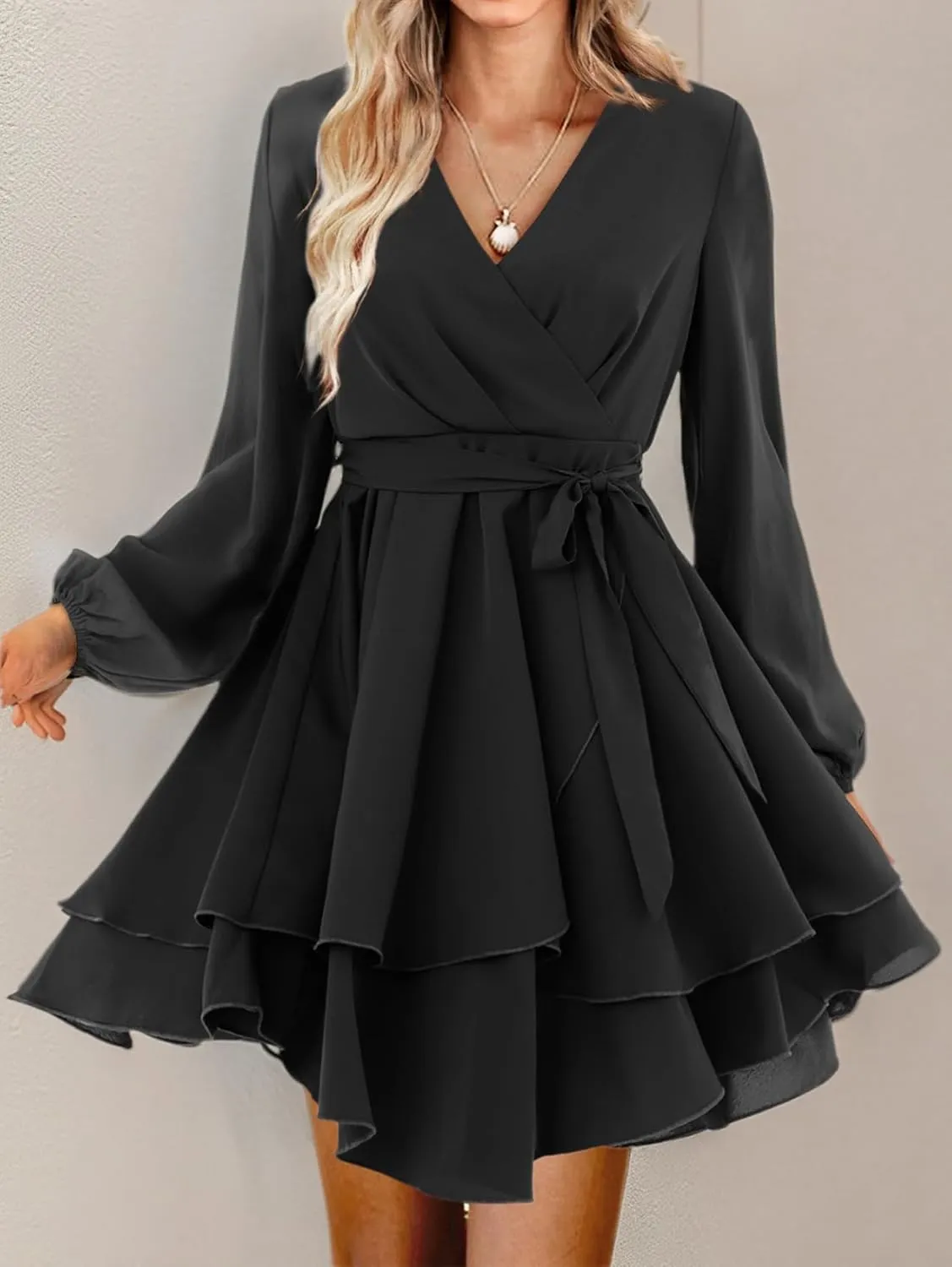 Women Wrap Dress Casual Mini V Neck Fall Long Sleeve Wedding Guest Dresses with Belt