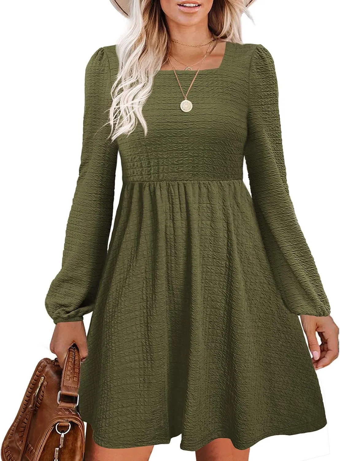 Womens Babydoll Dresses Square Neck Long Sleeve Knee Length Flowy Swing Shirring Mini Dresses Fall Dress