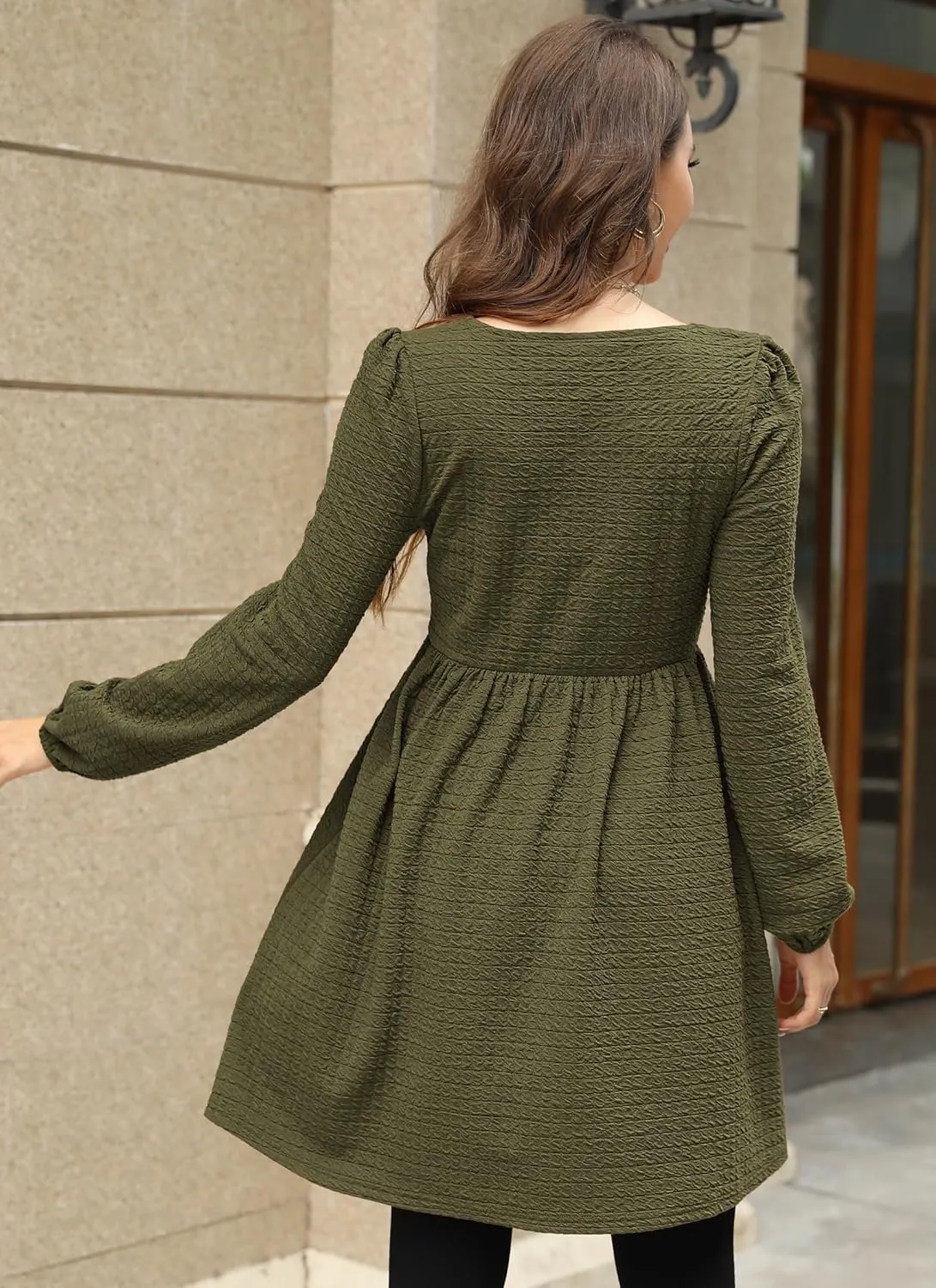 Womens Babydoll Dresses Square Neck Long Sleeve Knee Length Flowy Swing Shirring Mini Dresses Fall Dress