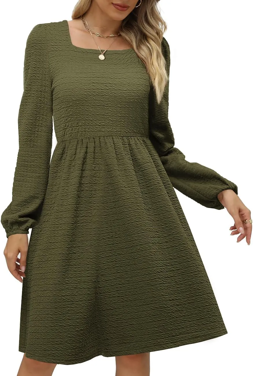 Womens Babydoll Dresses Square Neck Long Sleeve Knee Length Flowy Swing Shirring Mini Dresses Fall Dress