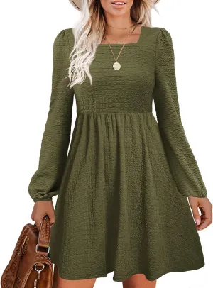 Womens Babydoll Dresses Square Neck Long Sleeve Knee Length Flowy Swing Shirring Mini Dresses Fall Dress