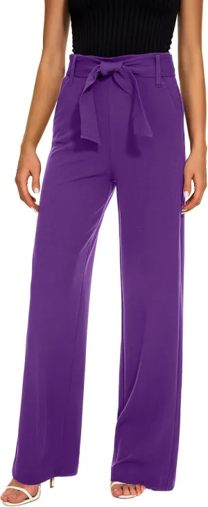 Women's Casual High Waisted Wide Leg Dress Pants with Pockets and Belt