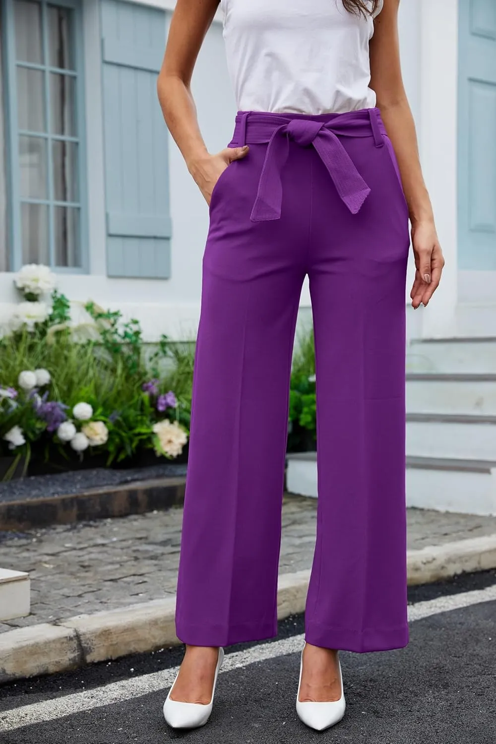 Women's Casual High Waisted Wide Leg Dress Pants with Pockets and Belt
