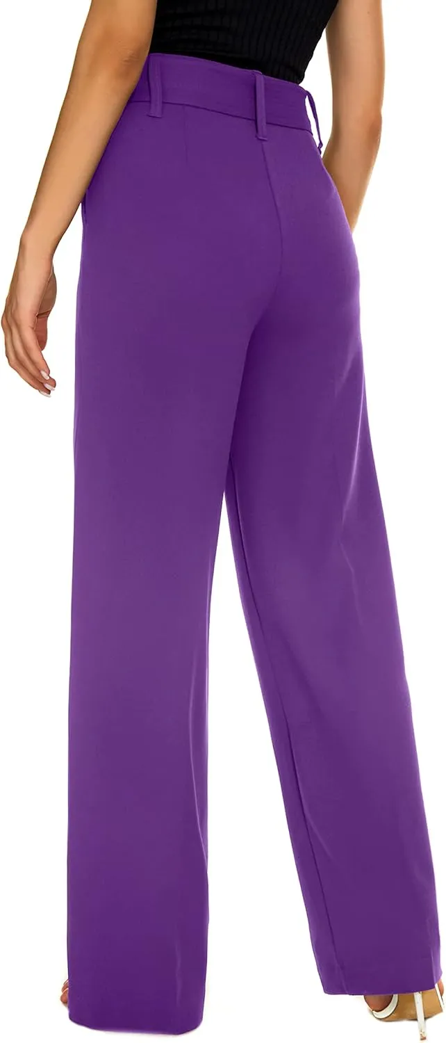 Women's Casual High Waisted Wide Leg Dress Pants with Pockets and Belt