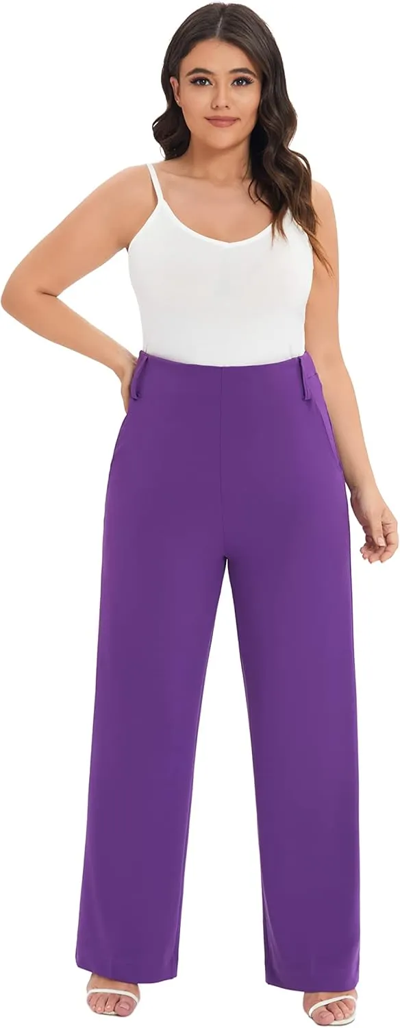 Women's Casual High Waisted Wide Leg Dress Pants with Pockets and Belt