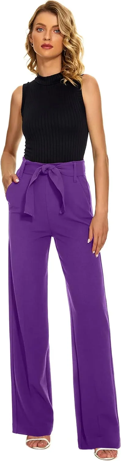 Women's Casual High Waisted Wide Leg Dress Pants with Pockets and Belt