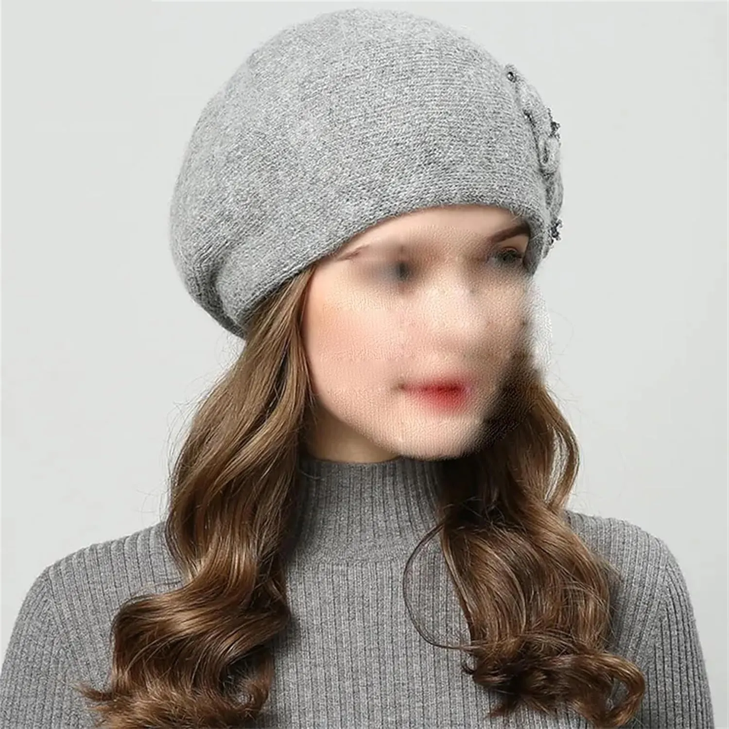 Women's Classic Flower Knit Beret Caps with Beads Winter Thick Warm Double Layers Beanie Hat Casual Slouchy Ski Snow Caps