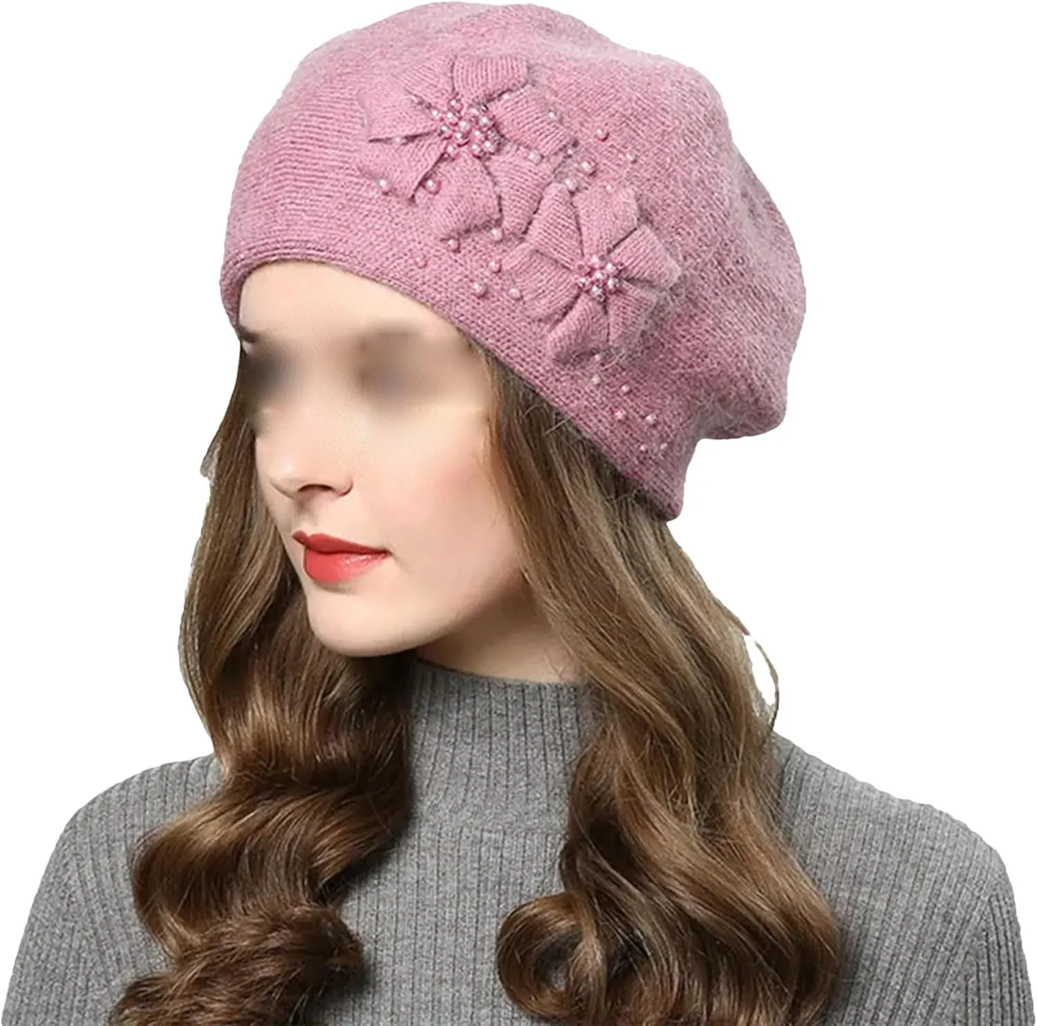 Women's Classic Flower Knit Beret Caps with Beads Winter Thick Warm Double Layers Beanie Hat Casual Slouchy Ski Snow Caps