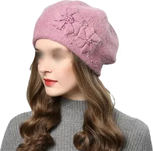 Women's Classic Flower Knit Beret Caps with Beads Winter Thick Warm Double Layers Beanie Hat Casual Slouchy Ski Snow Caps