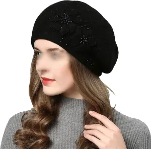 Women's Classic Flower Knit Beret Caps with Beads Winter Thick Warm Double Layers Beanie Hat Casual Slouchy Ski Snow Caps