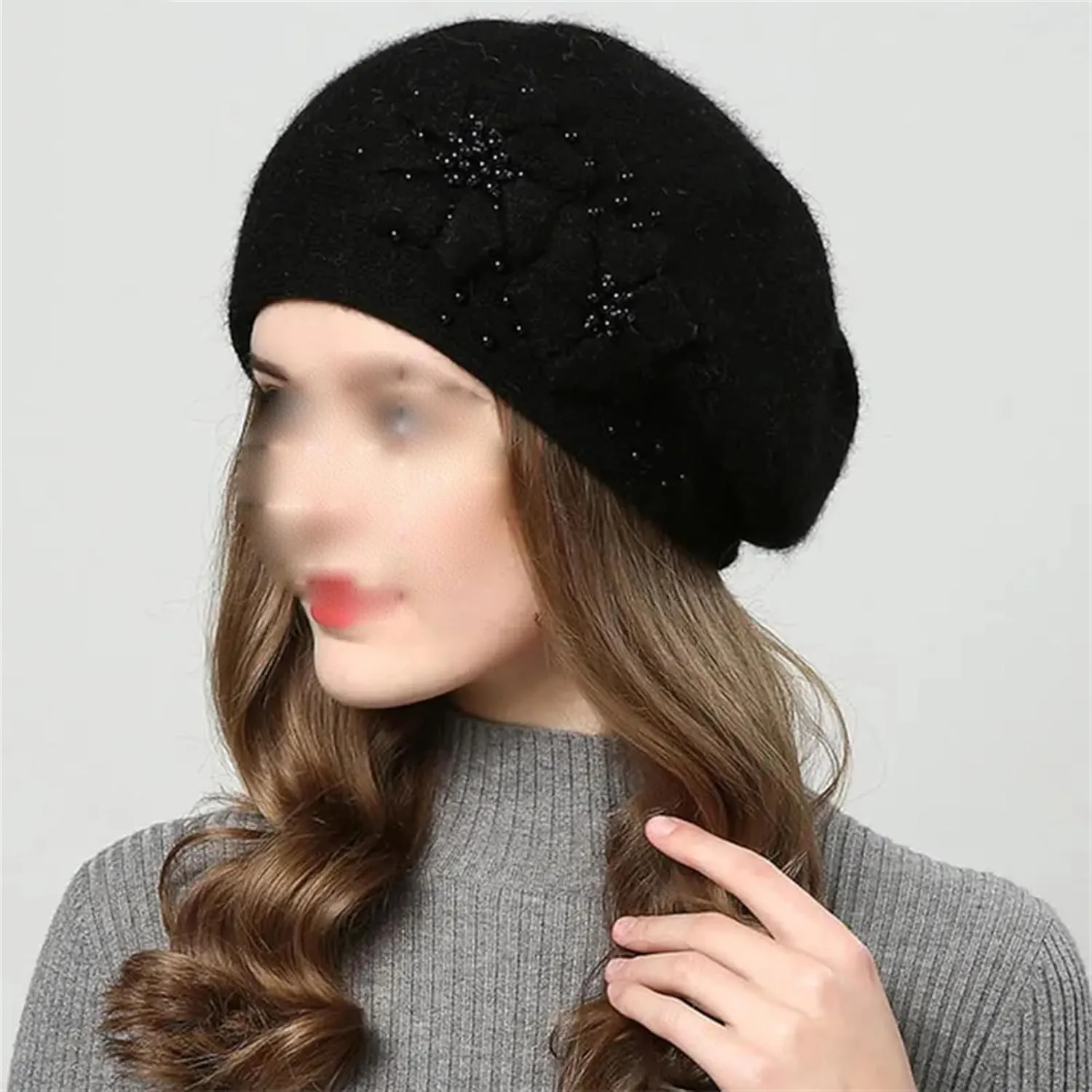 Women's Classic Flower Knit Beret Caps with Beads Winter Thick Warm Double Layers Beanie Hat Casual Slouchy Ski Snow Caps