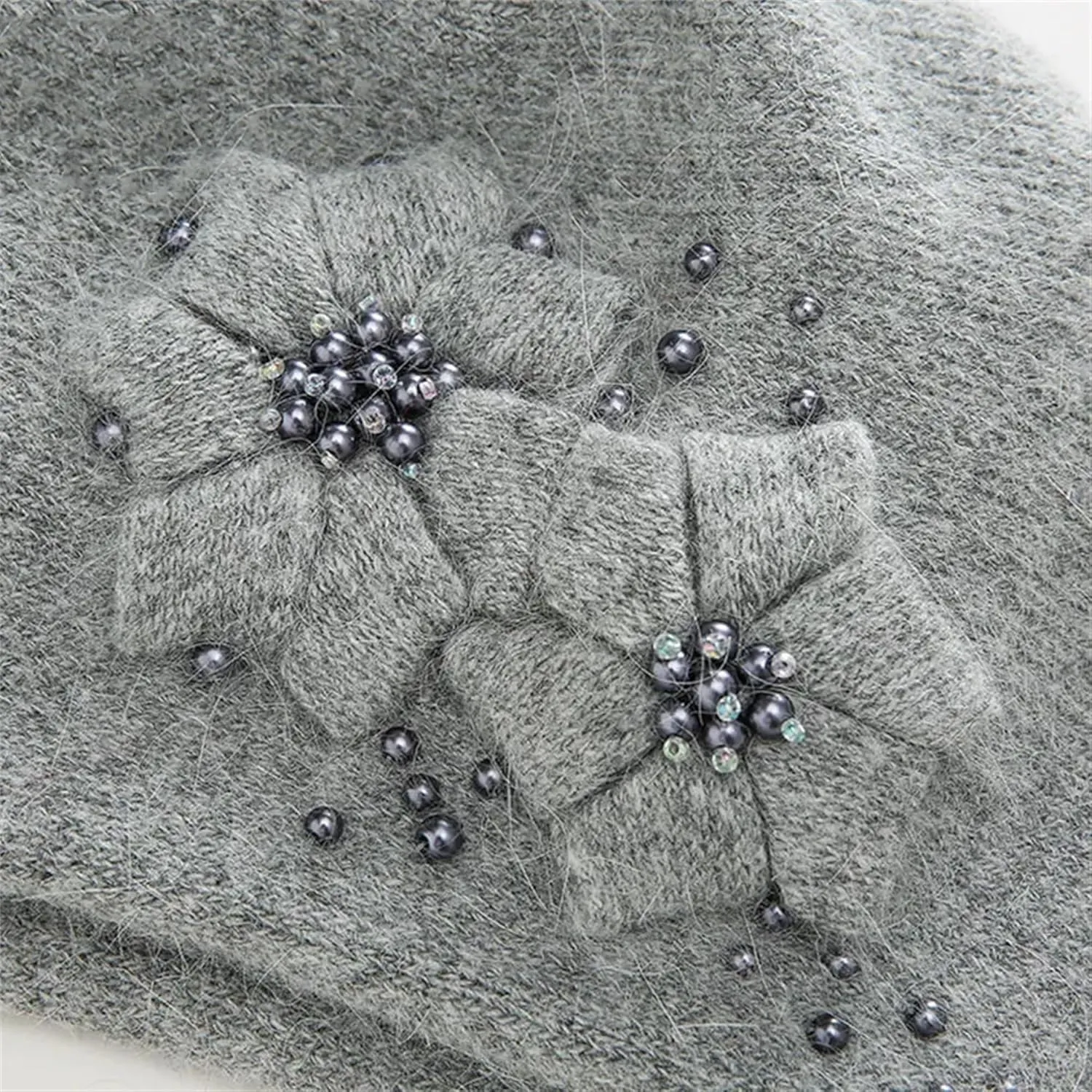 Women's Classic Flower Knit Beret Caps with Beads Winter Thick Warm Double Layers Beanie Hat Casual Slouchy Ski Snow Caps