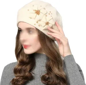 Women's Classic Flower Knit Beret Caps with Beads Winter Thick Warm Double Layers Beanie Hat Casual Slouchy Ski Snow Caps