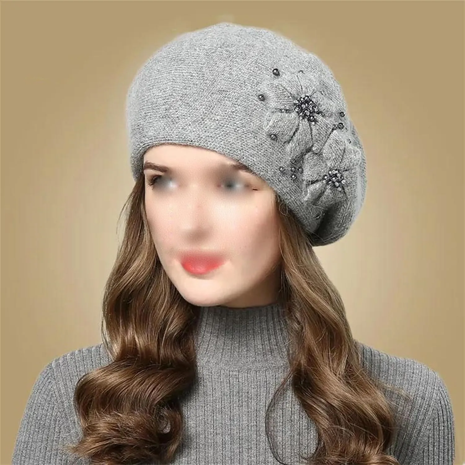 Women's Classic Flower Knit Beret Caps with Beads Winter Thick Warm Double Layers Beanie Hat Casual Slouchy Ski Snow Caps