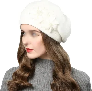 Women's Classic Flower Knit Beret Caps with Beads Winter Thick Warm Double Layers Beanie Hat Casual Slouchy Ski Snow Caps