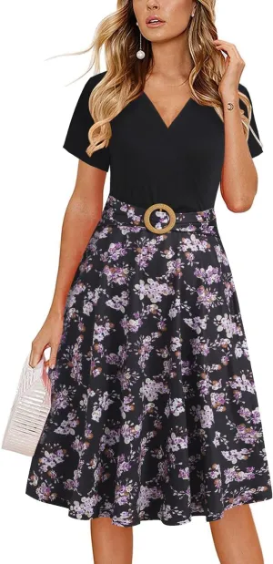 Women's Elegant Criss-Cross V Neck Vintage Short Sleeve Work Casual Fit and Flare Tea Dress with Pockets 980