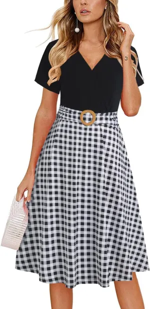 Women's Elegant Criss-Cross V Neck Vintage Short Sleeve Work Casual Fit and Flare Tea Dress with Pockets 980