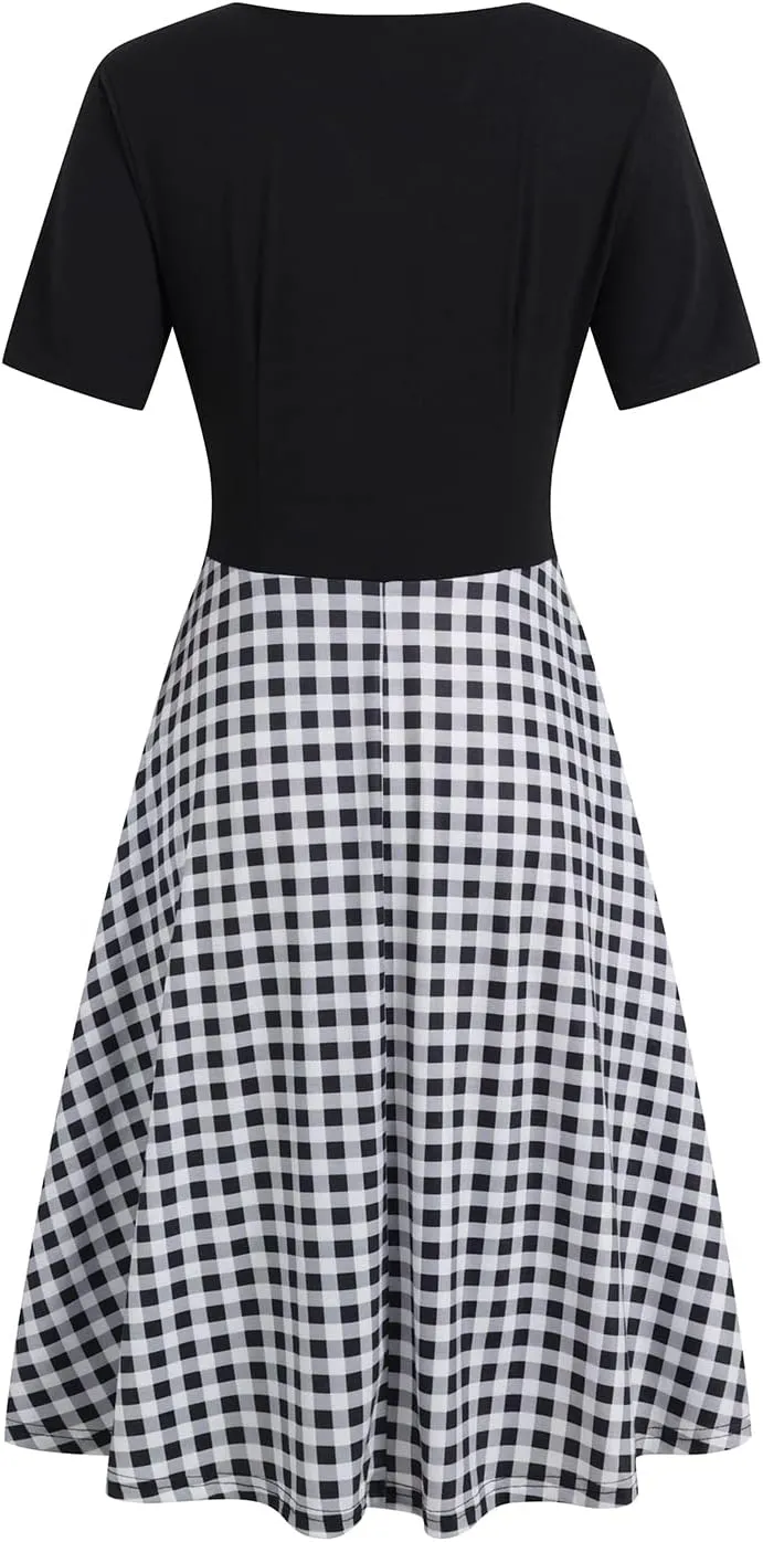 Women's Elegant Criss-Cross V Neck Vintage Short Sleeve Work Casual Fit and Flare Tea Dress with Pockets 980