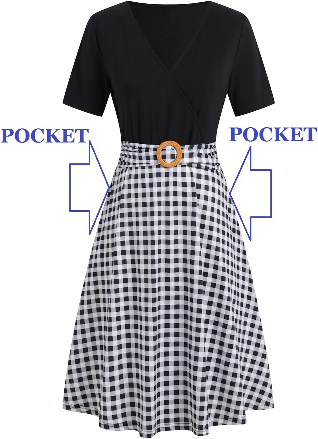 Women's Elegant Criss-Cross V Neck Vintage Short Sleeve Work Casual Fit and Flare Tea Dress with Pockets 980