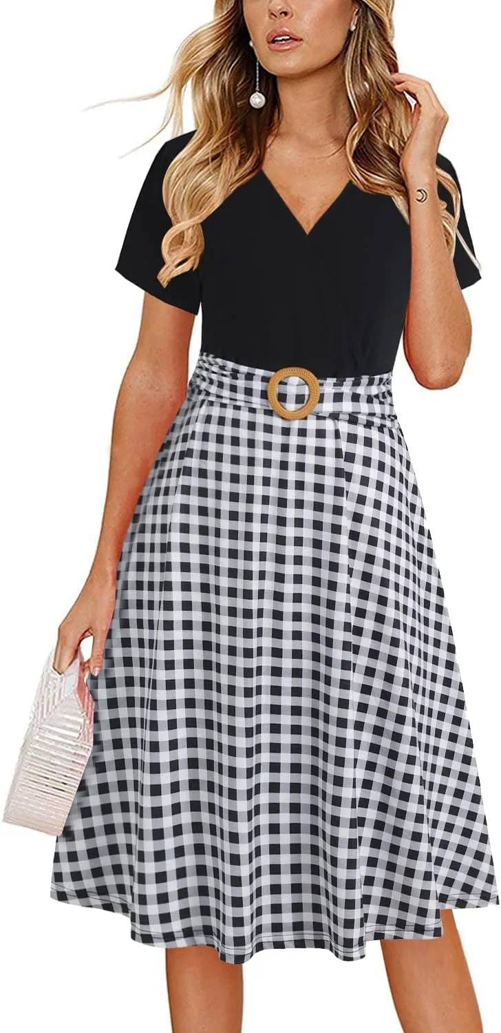 Women's Elegant Criss-Cross V Neck Vintage Short Sleeve Work Casual Fit and Flare Tea Dress with Pockets 980