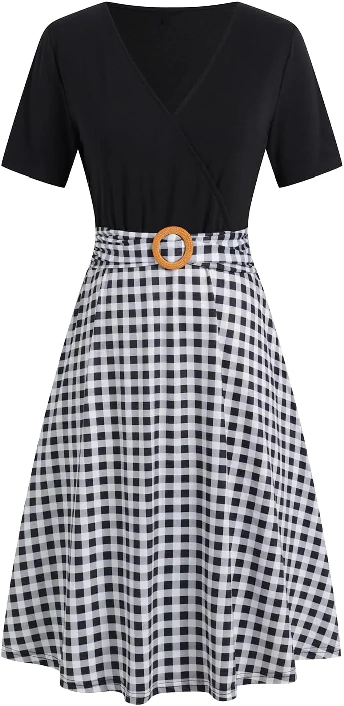 Women's Elegant Criss-Cross V Neck Vintage Short Sleeve Work Casual Fit and Flare Tea Dress with Pockets 980