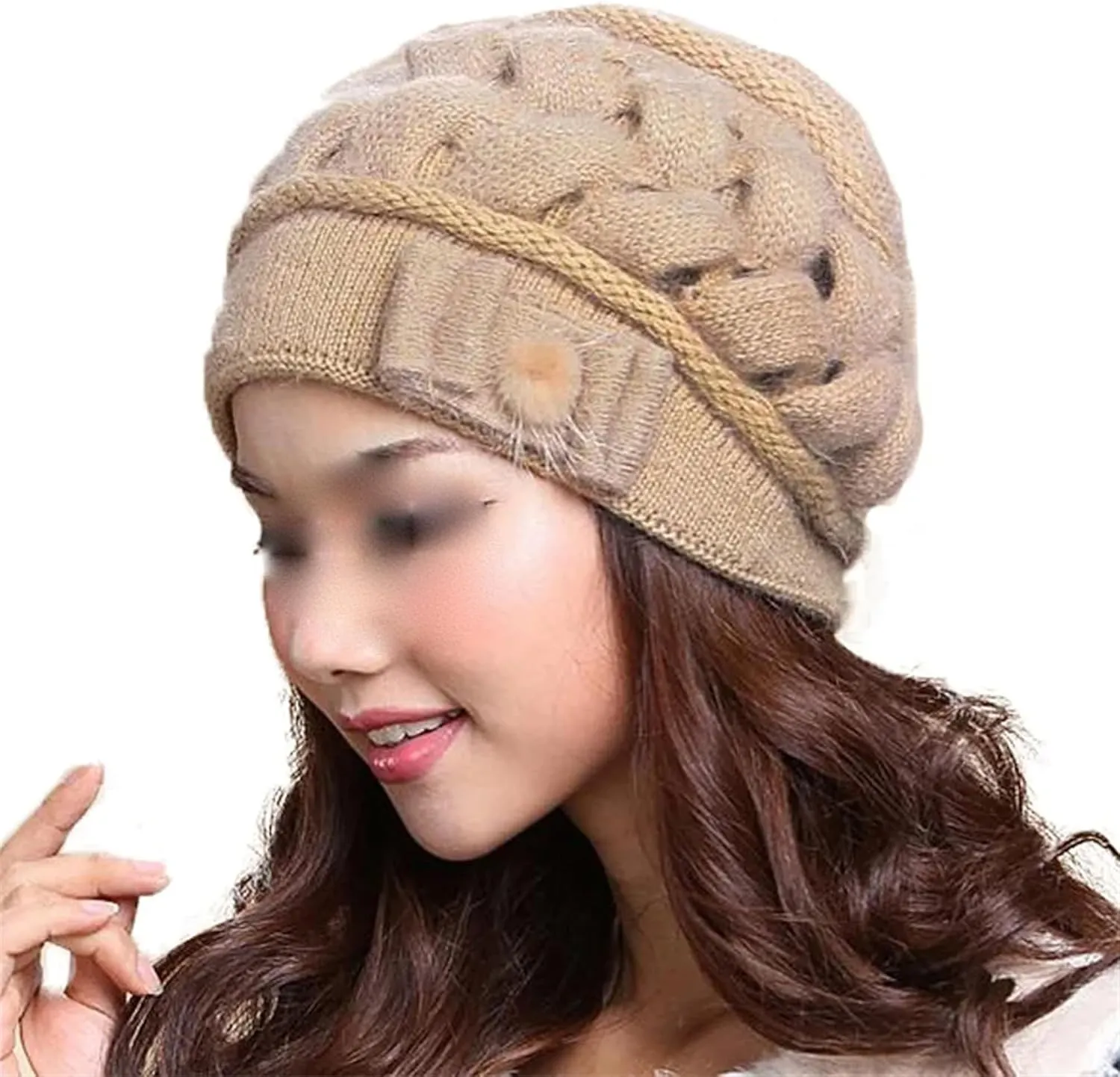 Women's Fashion Solid Color Braided Knit Hat Fall Winter Thermal Warm Double Layered Beanie Hat Ear Protect Cold Weather Hat