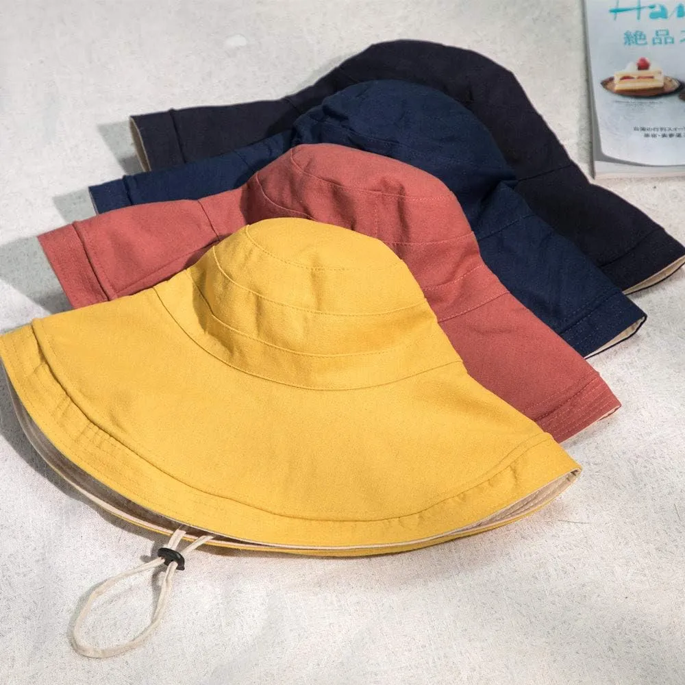 Women's Foldable Flap Cover UV Protective Wide Brim Bucket Cotton Beach Sun Hat Summer Hat