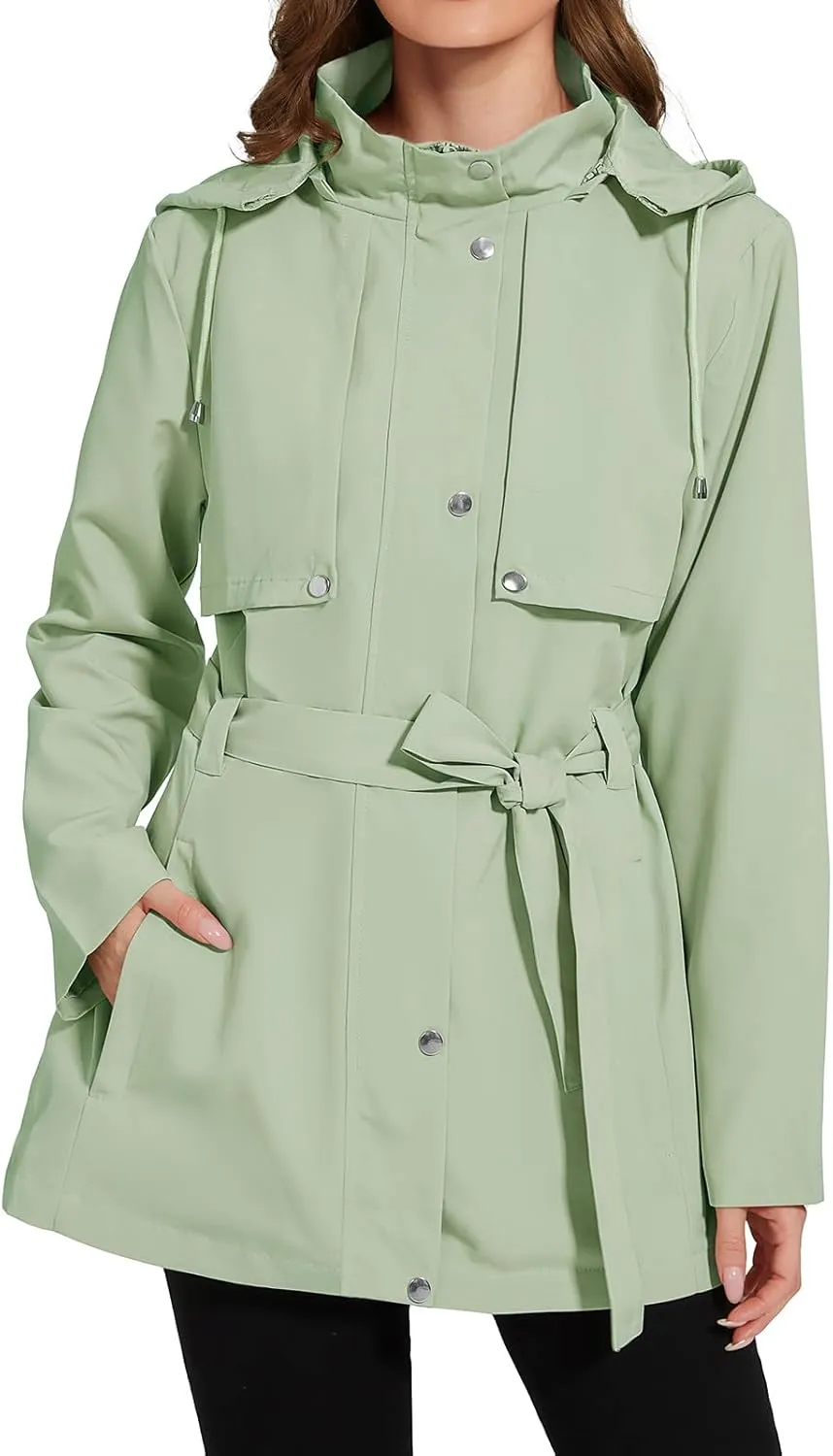 Womens Rain Jacket with Hood, Long Rain Coat for Women Waterproof Trench Coat Lined Windbreaker Fall Jacket