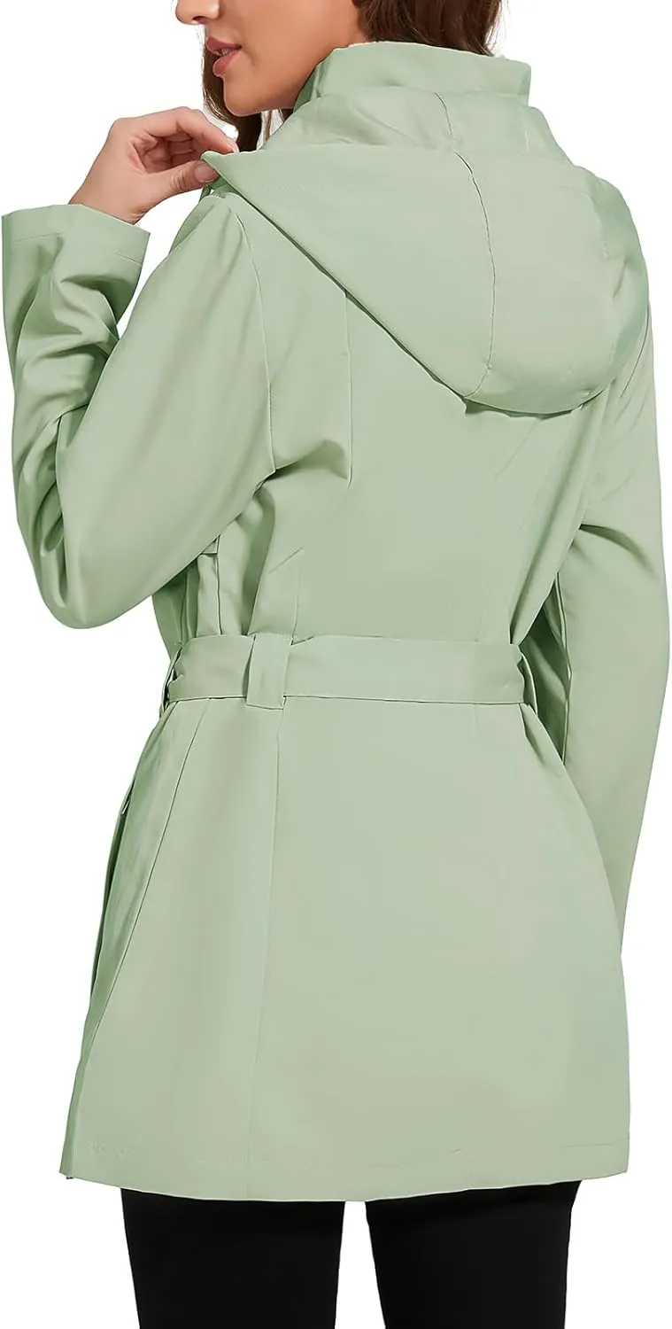 Womens Rain Jacket with Hood, Long Rain Coat for Women Waterproof Trench Coat Lined Windbreaker Fall Jacket