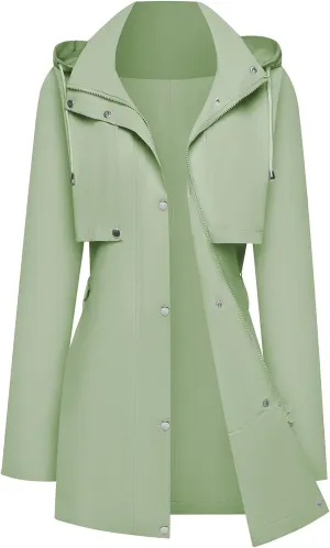 Womens Rain Jacket with Hood, Long Rain Coat for Women Waterproof Trench Coat Lined Windbreaker Fall Jacket