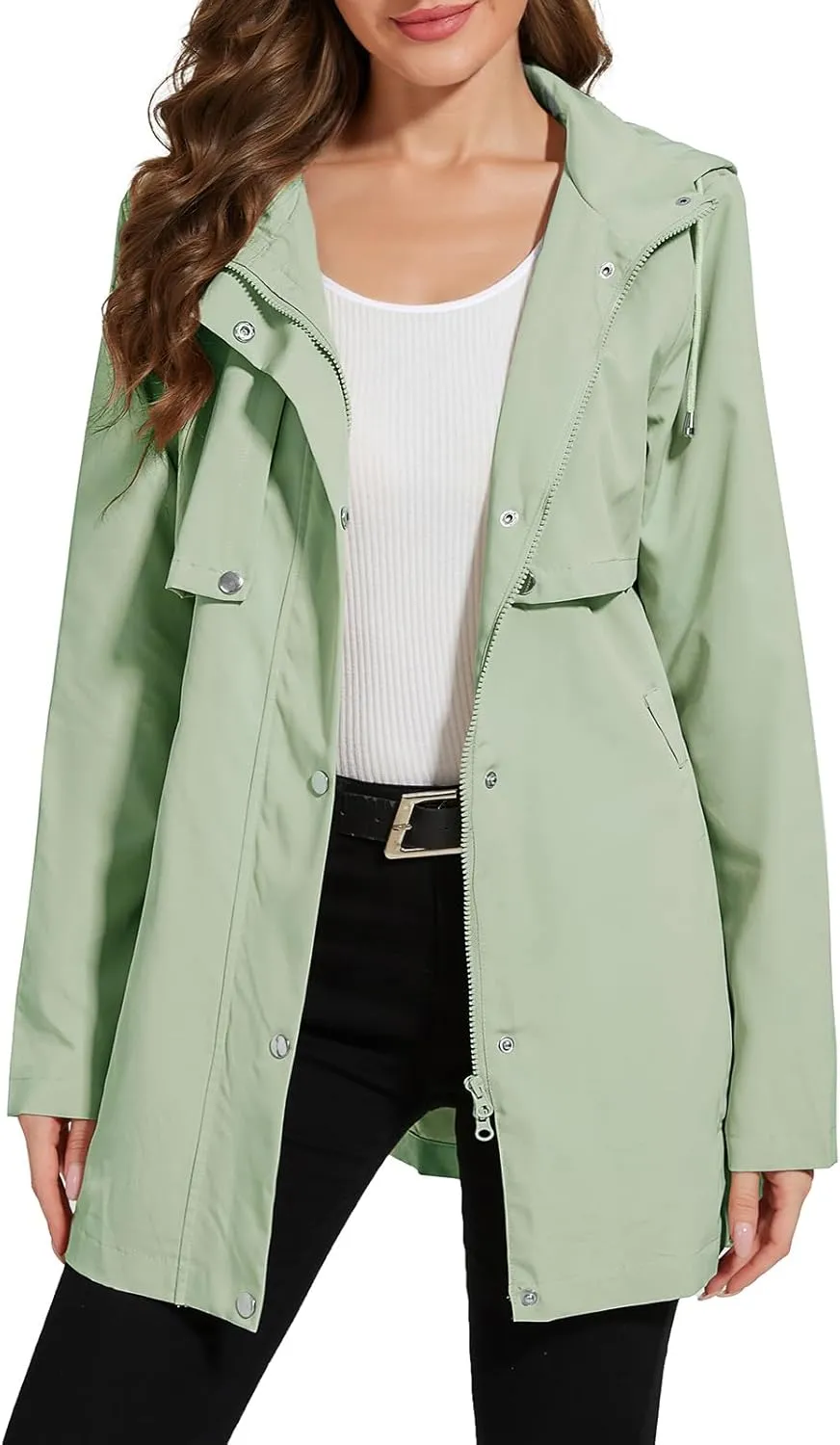 Womens Rain Jacket with Hood, Long Rain Coat for Women Waterproof Trench Coat Lined Windbreaker Fall Jacket