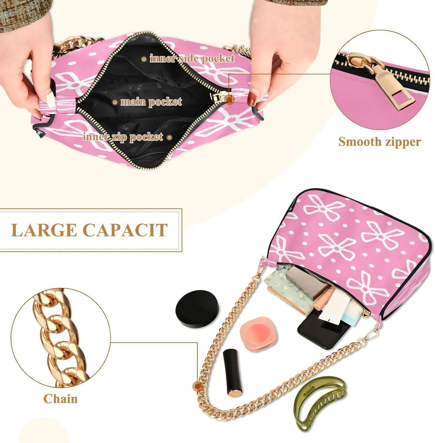 Womens Shoulder Bag for Women Girls Hobo Tote Handbag Gold Chain Crossbody Bag with Zipper Clutch Purse Handbags