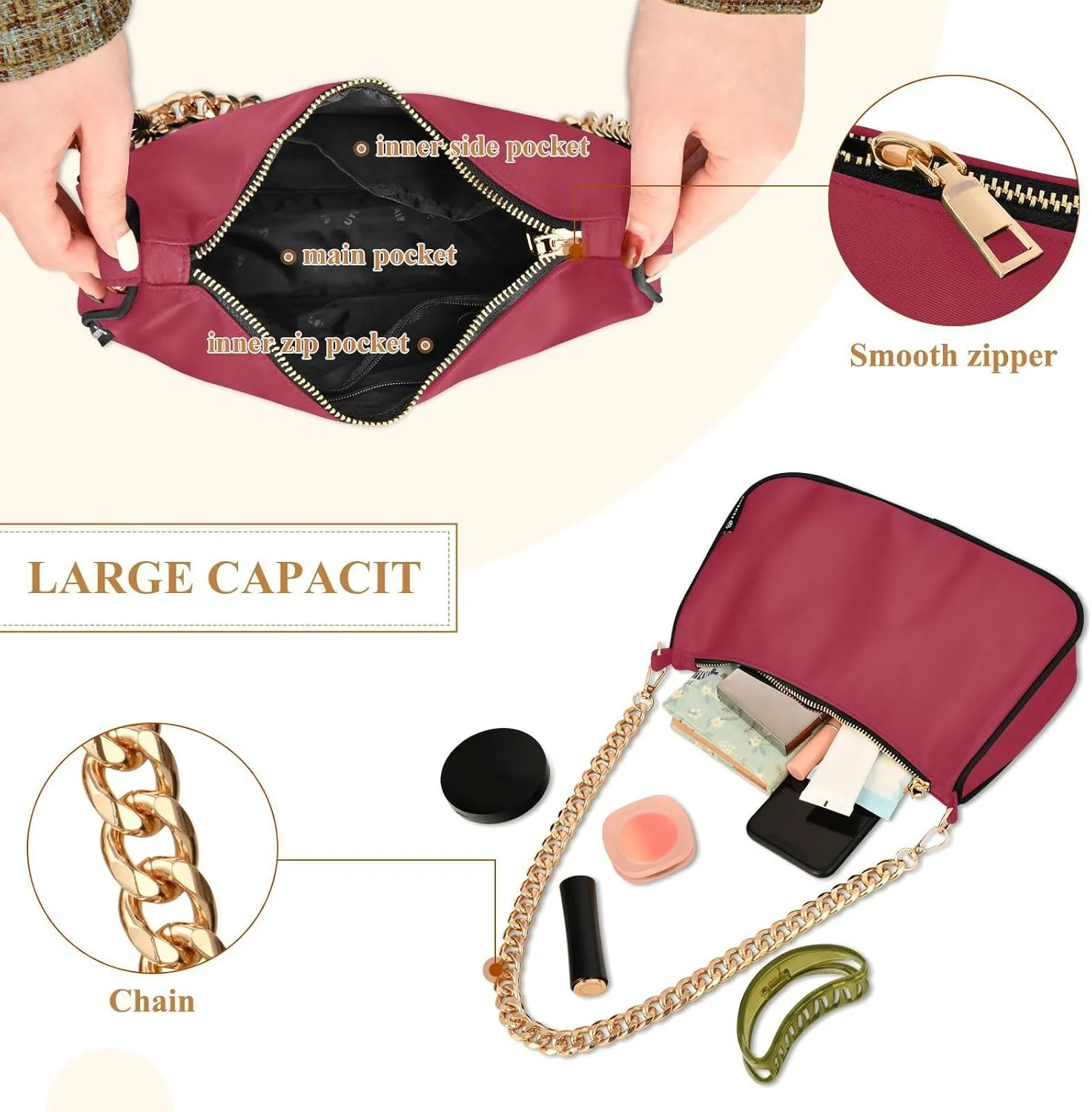 Womens Shoulder Bag for Women Girls Hobo Tote Handbag Gold Chain Crossbody Bag with Zipper Clutch Purse Handbags
