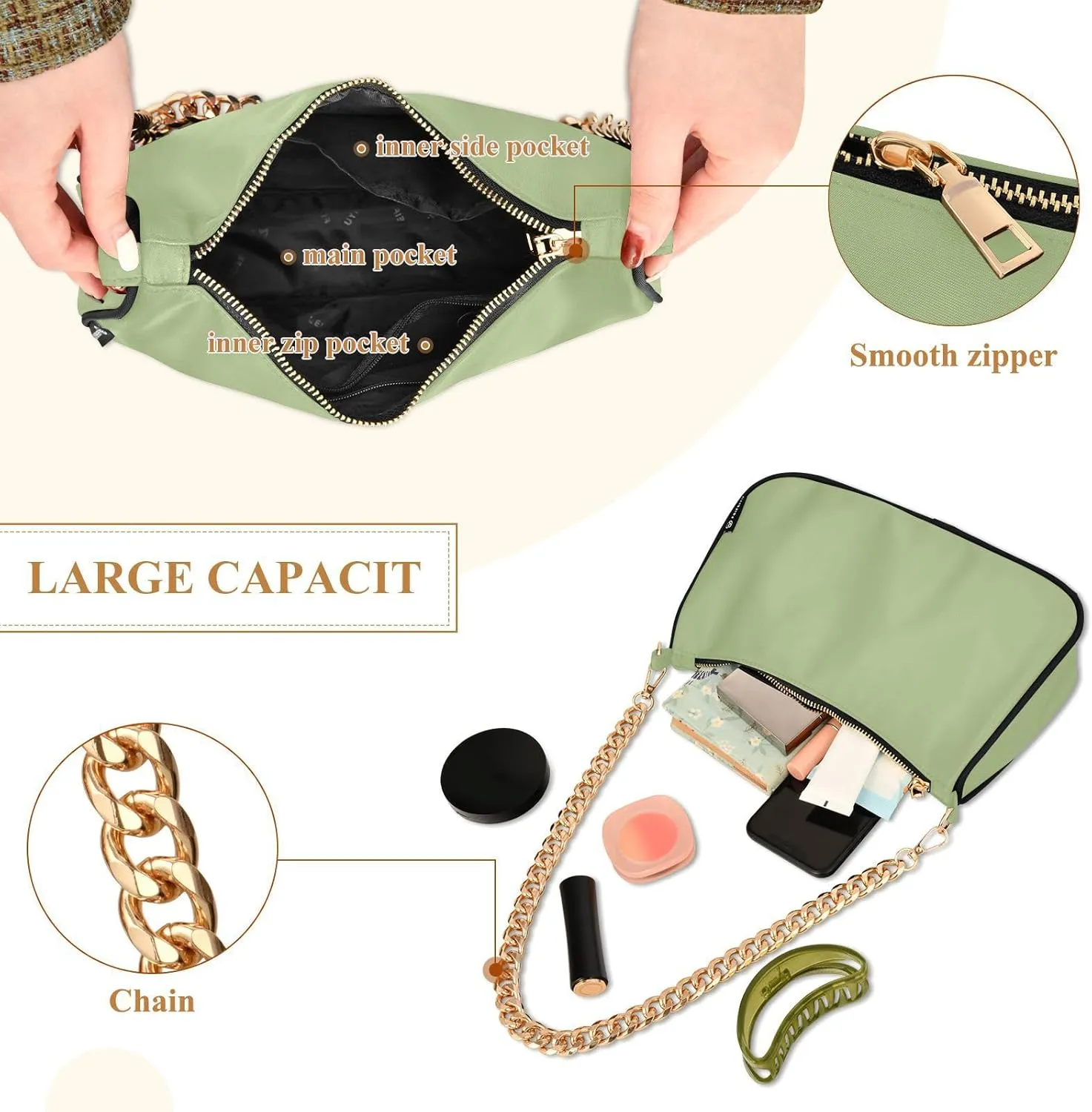 Womens Shoulder Bag for Women Girls Hobo Tote Handbag Gold Chain Crossbody Bag with Zipper Clutch Purse Handbags
