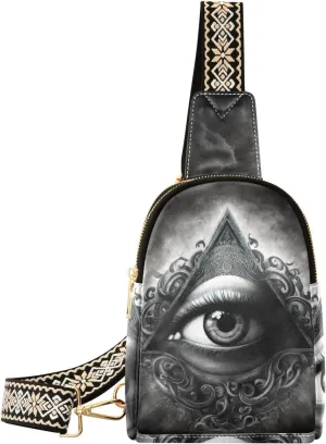 Women’s Sling Bag Black White Mystical Eye Print with Adjustable Strap Zipper Closure, PU Leather Water Resistant Crossbody Bag Purse Chest Bag