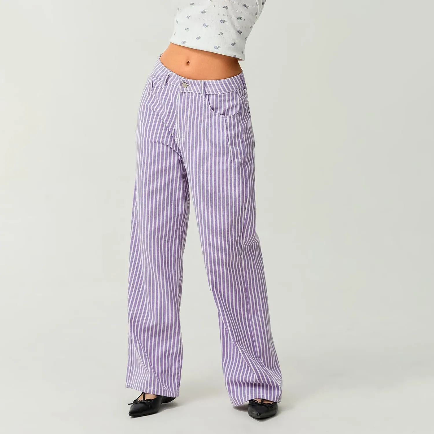 Womens Striped Wide Leg Jeans Y2K Bell Bottom Low Waisted Flare Jeans Casual Baggy Bootcut Denim Pants
