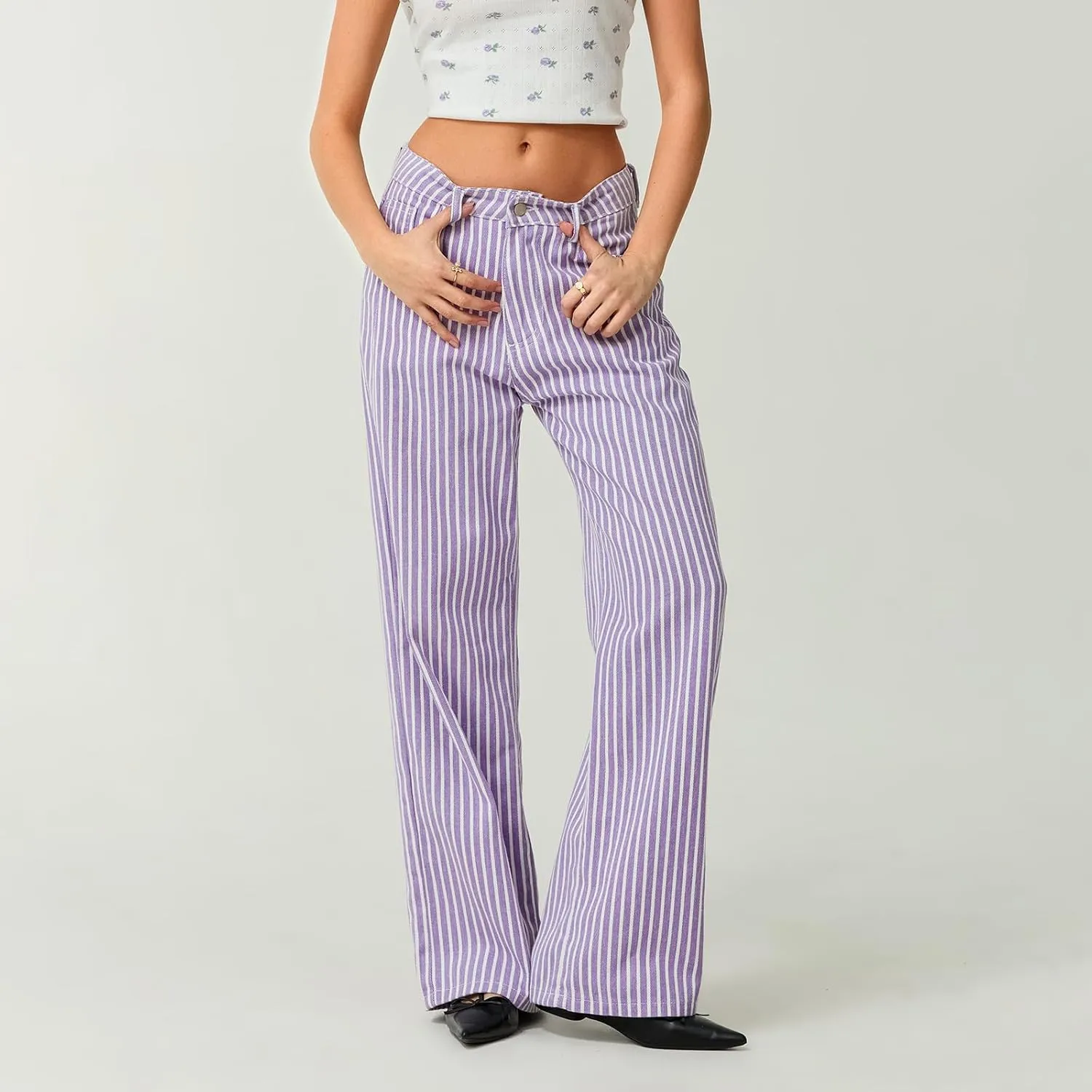 Womens Striped Wide Leg Jeans Y2K Bell Bottom Low Waisted Flare Jeans Casual Baggy Bootcut Denim Pants