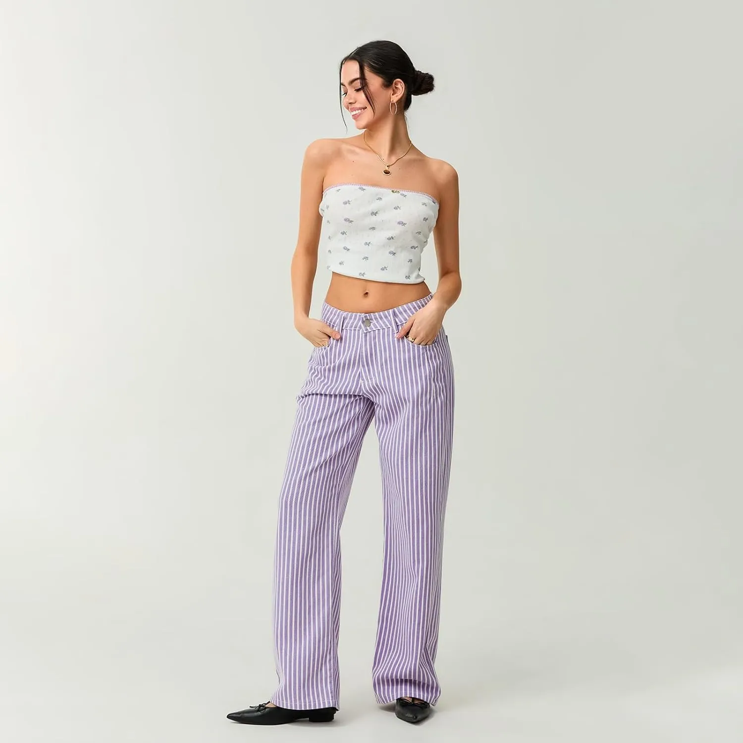 Womens Striped Wide Leg Jeans Y2K Bell Bottom Low Waisted Flare Jeans Casual Baggy Bootcut Denim Pants