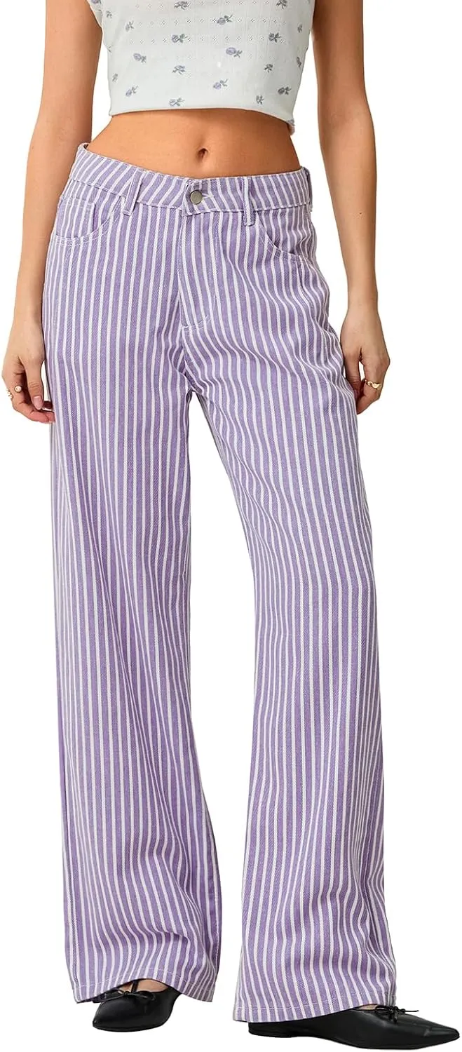 Womens Striped Wide Leg Jeans Y2K Bell Bottom Low Waisted Flare Jeans Casual Baggy Bootcut Denim Pants
