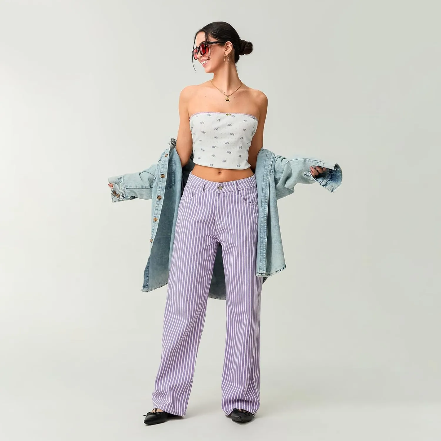Womens Striped Wide Leg Jeans Y2K Bell Bottom Low Waisted Flare Jeans Casual Baggy Bootcut Denim Pants
