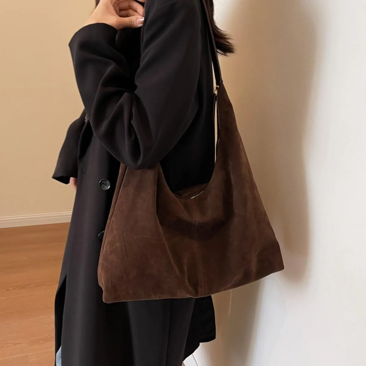 Women's Suede Tote Bag - Slouchy Hobo Handbag for Office & Everyday Use with Accessories