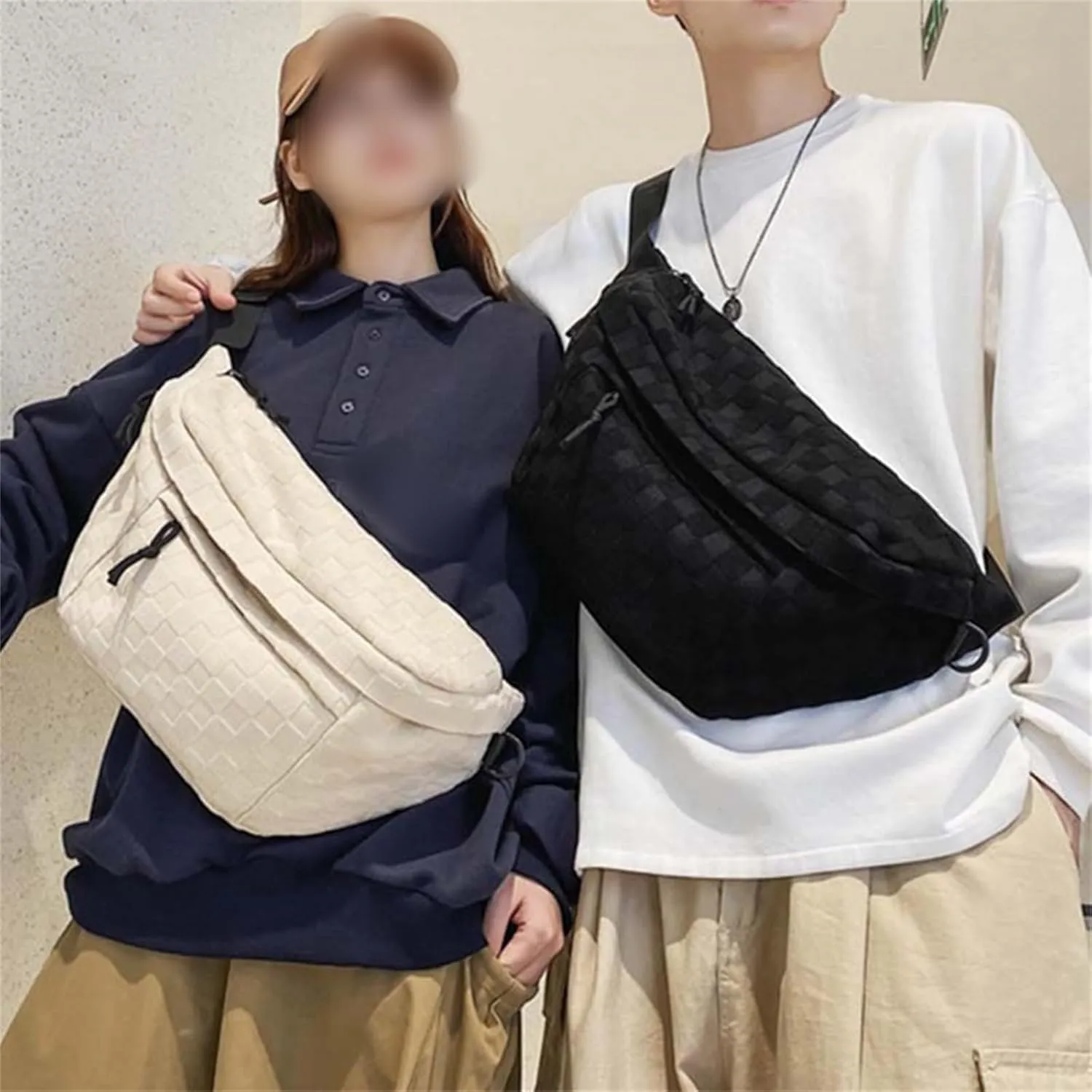 Women's Summer Fashionable Plaid Pattern Zipper Belt Bag,Women's Large Capacity Shoulder Messenger Bag Waist Bag (Black,L)