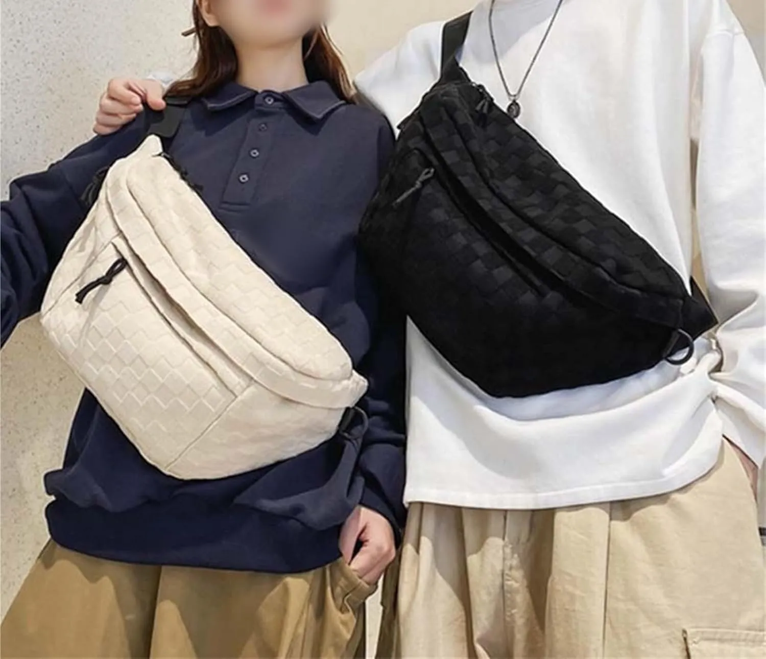 Women's Summer Fashionable Plaid Pattern Zipper Belt Bag,Women's Large Capacity Shoulder Messenger Bag Waist Bag(White)