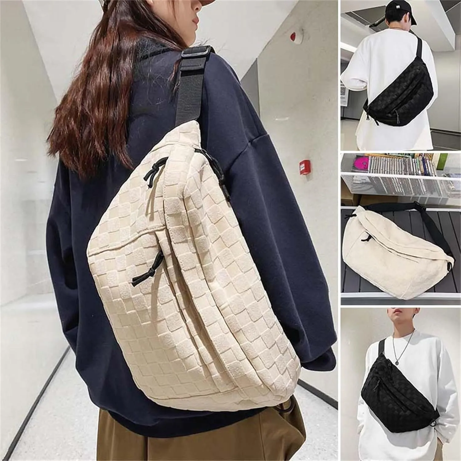 Women's Summer Fashionable Plaid Pattern Zipper Belt Bag,Women's Large Capacity Shoulder Messenger Bag Waist Bag(White)