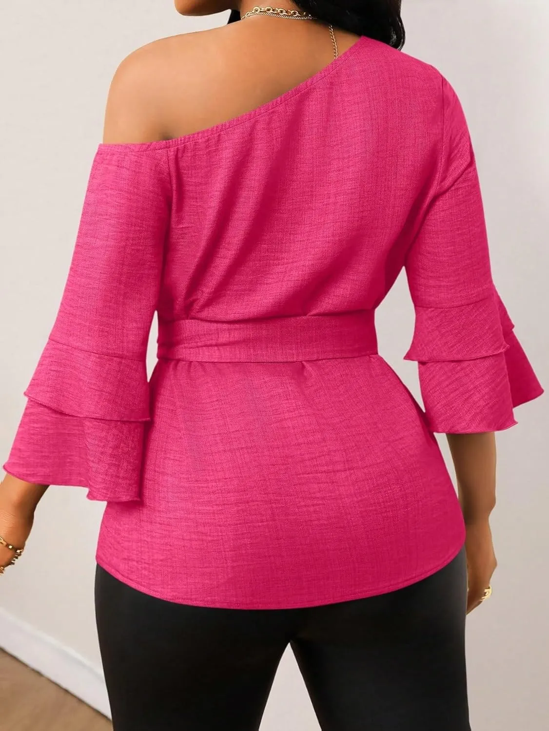 Womens Summer Tops Casual Blouses Solid Color Asymmetrical Neck Ruffled Sleeve Shirt