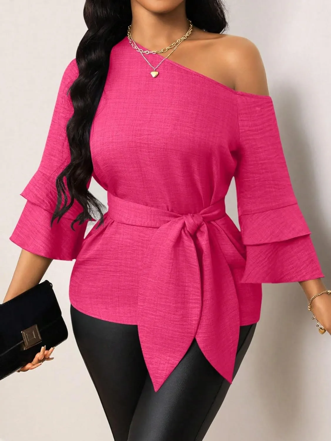 Womens Summer Tops Casual Blouses Solid Color Asymmetrical Neck Ruffled Sleeve Shirt