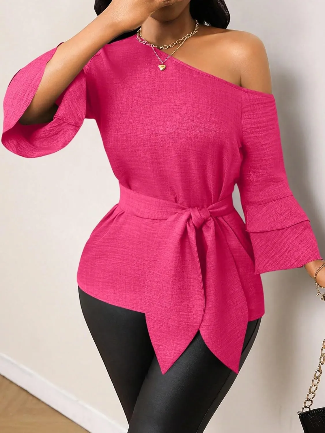 Womens Summer Tops Casual Blouses Solid Color Asymmetrical Neck Ruffled Sleeve Shirt