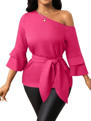 Womens Summer Tops Casual Blouses Solid Color Asymmetrical Neck Ruffled Sleeve Shirt