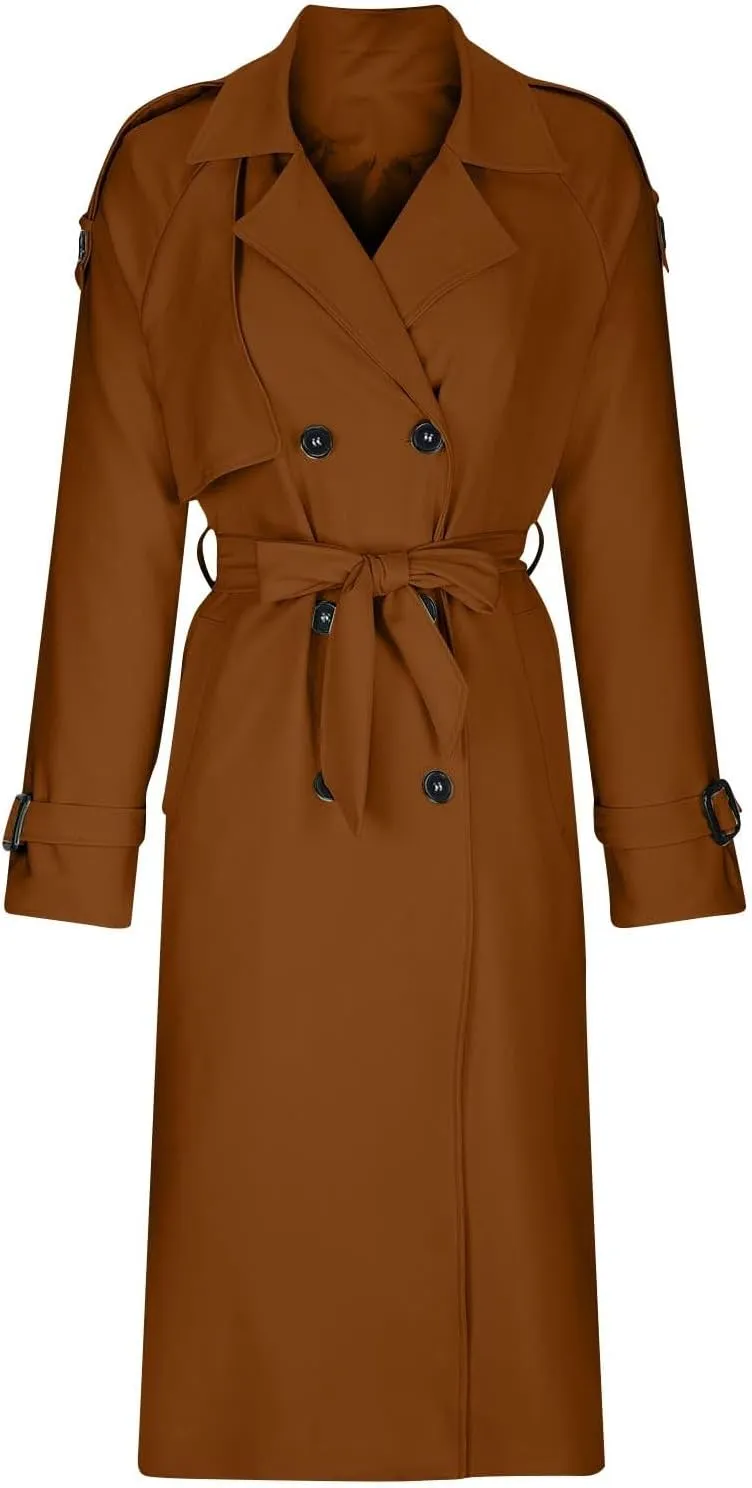 Women's Trench Coat Double Breasted Long Trench Coat Spring Fall Windproof Classic Lapel Overcoat with Belt