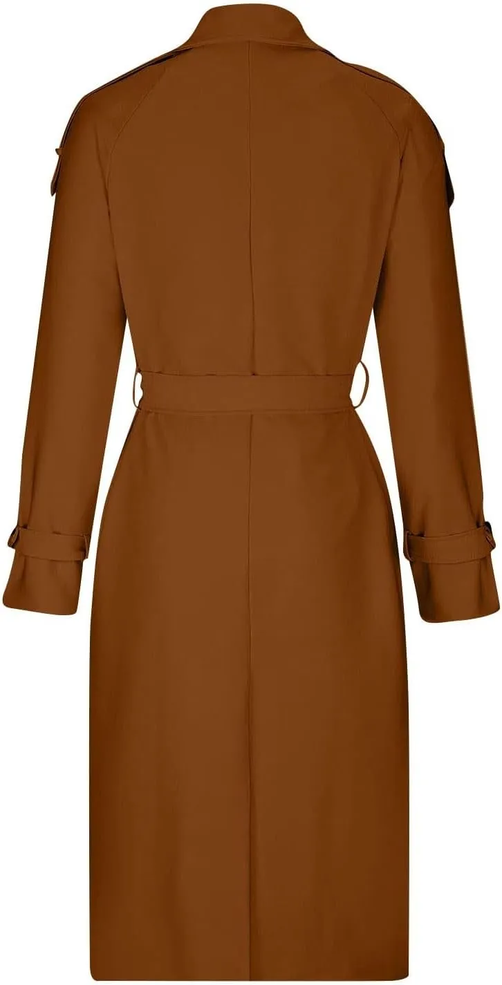 Women's Trench Coat Double Breasted Long Trench Coat Spring Fall Windproof Classic Lapel Overcoat with Belt